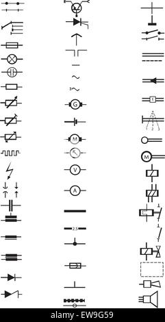 Un elenco esteso di numerose apparecchiature elettriche di segni e di simboli, tutti nel vettore. Questo elenco di componenti elettronici. Illustrazione Vettoriale