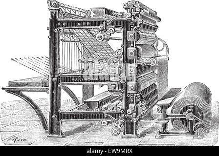 Vecchie illustrazioni incise di Marinoni rotativa di stampa premere con un rotolo di carta si muove all'interno di essa, questa macchina è in grado di produrre 20,0 Illustrazione Vettoriale