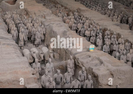 Soldati e animali sculture dell'Esercito dei Guerrieri di terracotta nel luogo di sepoltura originale nel distretto di Lintong, Xi'an, Cina Foto Stock