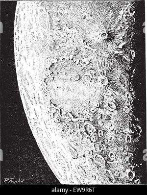La superficie della luna, che mostra numerosi crateri vulcanici e i crateri da impatto, vintage illustrazioni incise. Dizionario di parole un Illustrazione Vettoriale