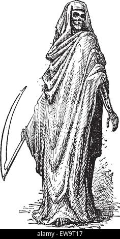 Morte o Grim Reaper, mostrato con una falce e avvolto in un mantello nero con una cappa, vintage illustrazioni incise. Dictionar Illustrazione Vettoriale