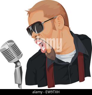 Illustrazione Vettoriale canzone rock cantante in azione. Illustrazione Vettoriale