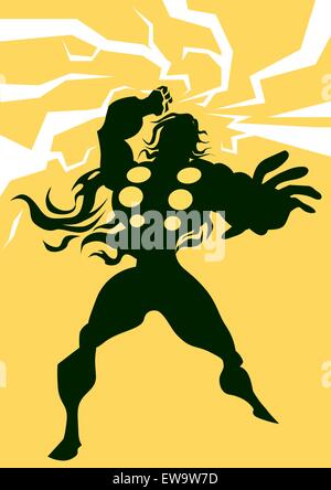 Thor, Silhouette nera di un uomo, con fulmini, sfondo giallo, illustrazione vettoriale Illustrazione Vettoriale