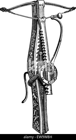 Cranequin, un tipo di balestra, vintage illustrazioni incise. Enciclopedia industriale - E.O. Lami - 1875 Illustrazione Vettoriale