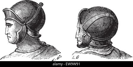 Vecchie illustrazioni incise del legionario caschi isolato su uno sfondo bianco. Enciclopedia industriale E.-O. Lami ? 1875. Illustrazione Vettoriale