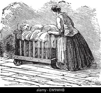 Vecchie illustrazioni incise di donna abiti di trasporto su triciclo. Enciclopedia industriale E.-O. Lami - 1875 Illustrazione Vettoriale