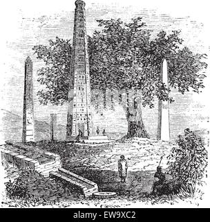 Obelisco di Axum o Roma stele, nel Tigray, Etiopia, durante il 1890s, vintage incisione. Vecchie illustrazioni incise della Illustrazione Vettoriale