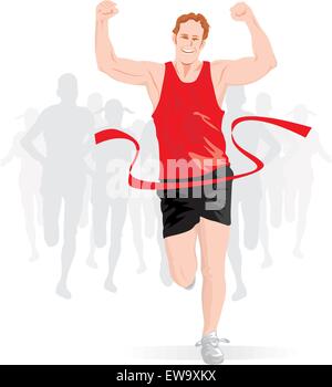 In esecuzione, maschio runner in rosso e nero vestito attraversando il traguardo, illustrazione vettoriale Illustrazione Vettoriale