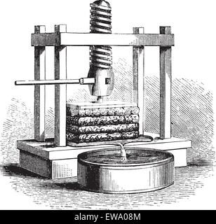 Premere il sidro di mele, vintage incisione. Vecchie illustrazioni incise di un sidro premere. Illustrazione Vettoriale