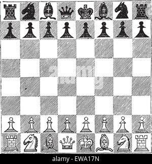 Scacchi, vintage incisione. Vecchie illustrazioni incise di scacchi che mostra i pezzi disposti su una scacchiera. Illustrazione Vettoriale