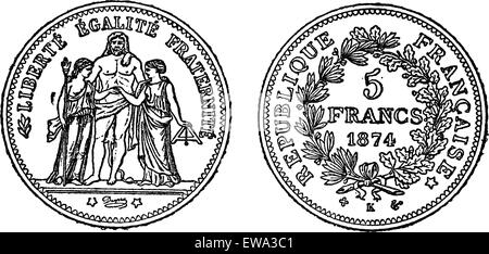 Pezzo di argento 5 franchi, vintage illustrazioni incise. Trousset enciclopedia (1886 - 1891). Illustrazione Vettoriale