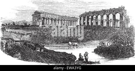 Le rovine dei templi di Paestum in Campania, Italia, durante il 1890s, vintage incisione. Vecchie illustrazioni incise delle rovine Illustrazione Vettoriale
