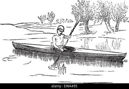 Canoa o canoa canadese, vintage incisione. Vecchie illustrazioni incise dell uomo in canoa sul lago. Illustrazione Vettoriale