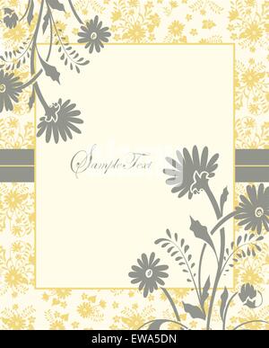 Vintage scheda invito ornato di eleganti astratta Retrò design floreale, grigio e giallo di fiori e foglie su sfondo bianco con telaio a nastro di confine e etichetta di testo. Illustrazione Vettoriale. Illustrazione Vettoriale