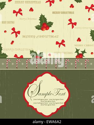 Vintage scheda di Natale ornato di eleganti astratta Retrò design floreale, nastri di rosso e rosso e verde fiori poinsettia Illustrazione Vettoriale