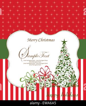 Vintage scheda di Natale ornato di eleganti astratta Retrò design floreale, albero e confezioni regalo con il rosso e il verde dei fiori Illustrazione Vettoriale