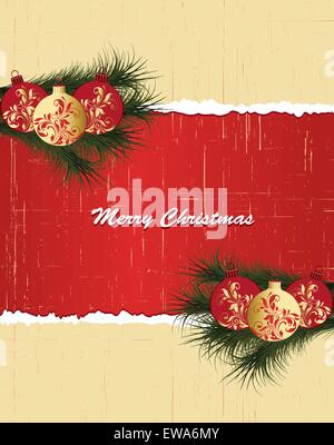 Vintage scheda di Natale ornato di eleganti astratta Retrò design floreale, sfere con rosso e oro fiori e foglie Illustrazione Vettoriale