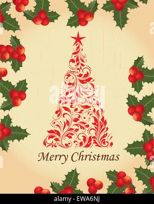 Vintage scheda di Natale ornato di eleganti astratta Retrò design floreale, albero con foglie rosse circondato da poinsettia Illustrazione Vettoriale