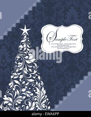 Vintage scheda di Natale ornato di eleganti astratta Retrò design floreale, albero con fiori bianchi e foglie sul grigio bluastro Illustrazione Vettoriale