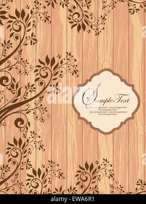 Vintage scheda invito ornato di eleganti astratta Retrò design floreale, marrone a fiori e foglie sul legno sfondo testurizzata Illustrazione Vettoriale
