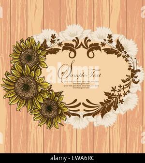 Vintage scheda invito ornato di eleganti astratta Retrò design floreale, giallo marrone e bianco fiori e foglie su legno Illustrazione Vettoriale