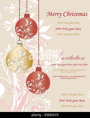 Vintage scheda di Natale ornato di eleganti astratta Retrò design floreale, rosso e oro sfere con fiori bianchi e foglie Illustrazione Vettoriale