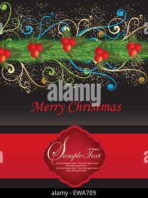 Vintage scheda di Natale ornato di eleganti astratta Retrò design floreale, ciliege rosse e verdi poinsettia fiori e foglie Illustrazione Vettoriale