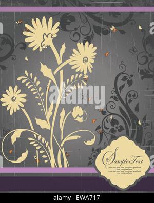 Vintage scheda invito ornato di eleganti astratta Retrò design floreale, beige e grigio scuro fiori e foglie sul graffiato Illustrazione Vettoriale