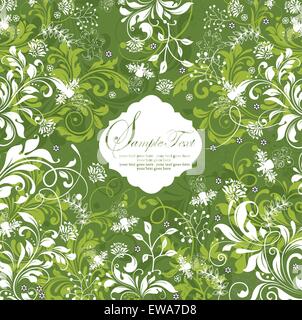Vintage scheda invito ornato di eleganti astratta Retrò design floreale, bianco e giallo verde fiori e foglie su verde Illustrazione Vettoriale