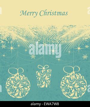 Vintage scheda di Natale ornato di eleganti astratta Retrò design floreale, sfere e dono con luce gialla di fiori e foglie sotto gli aghi di pino su sfondo acquamarina con stelle di fiocchi di neve e etichetta di testo. Illustrazione Vettoriale. Illustrazione Vettoriale