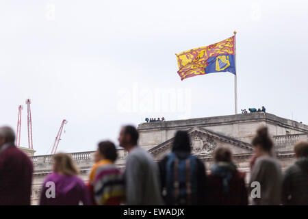 La folla si radunano attorno a Buckingham Palace in attesa della Regina Elisabetta II e altri membri della famiglia reale. Foto Stock
