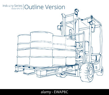 Illustrazione Vettoriale del carrello elevatore a forche con barili, serie di contorno Foto Stock