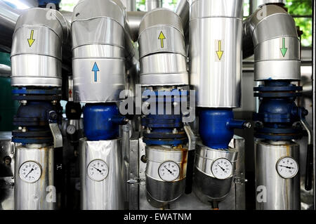 Ripresa industriale con manometri e condotte di riscaldamento all'interno di una stazione di riscaldamento Foto Stock