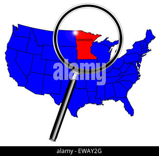 Dello stato del Minnesota inset di contorno impostato in una mappa degli Stati Uniti d'America sotto una lente di ingrandimento Foto Stock