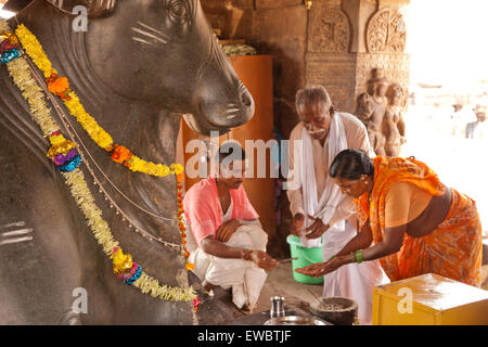 Priester und Gläubige vor der Nandi-Statue Virupaksha im Tempel aus der Chalukya-Dynastie, UNESCO-Welterbe a Pattadakal, Karnat Foto Stock