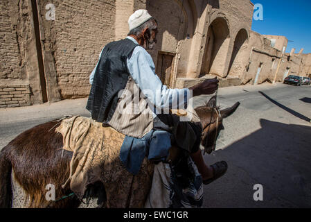 Uomo anziano su un asino nel centro storico della città vecchia di Yazd, Iran Foto Stock