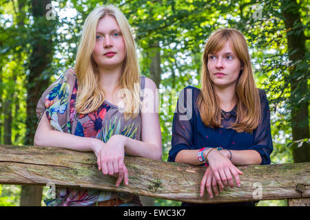 Europeo di due ragazze adolescenti appoggiata sulla recinzione in legno in natura Foto Stock