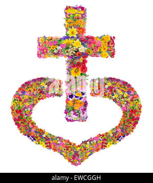 Gesù sulla croce di Cristo nella mia lonely bei fiori cuore concetto. Abstract fatti a mano collage isolato Foto Stock