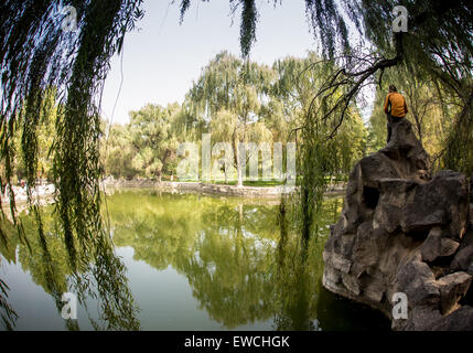 L uomo nella città cinese parco vicino stagno Foto Stock