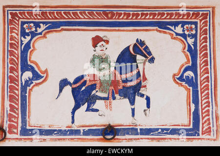 Rajput nobili a cavallo. Affresco in una residenza privata (Haveli), Nawalgarh, Rajasthan, Indien Foto Stock