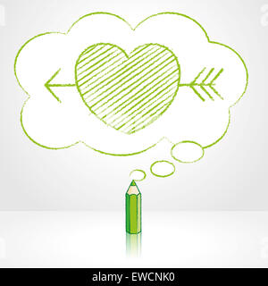 Matita verde con disegno di riflessione Cupido Romana attraverso la freccia icona cuore in soffice nuvola pensare a forma di bolla su sfondo grigio Foto Stock