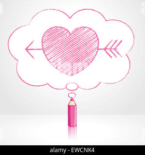 Matita rosa con disegno di riflessione Cupido Romana attraverso la freccia icona cuore in soffice nuvola pensare a forma di bolla su sfondo grigio Foto Stock