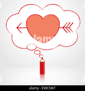 Matita rossa con disegno di riflessione Cupido Romana attraverso la freccia icona cuore in soffice nuvola pensare a forma di bolla su sfondo grigio Foto Stock