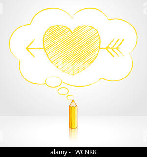 Matita gialla con disegno di riflessione Cupido Romana attraverso la freccia icona cuore in soffice nuvola pensare a forma di bolla su sfondo grigio Foto Stock