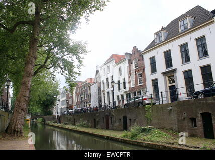 Nieuwegracht, un albero-canal ombreggiata con vecchie banchine abbassata nel medioevo interna della città di Utrecht, Paesi Bassi Foto Stock