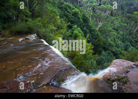 Acqua correndo sopra la parte superiore del Kelly's Falls, una cascata in stato Garawarra Area di Conservazione, NSW, Australia Foto Stock