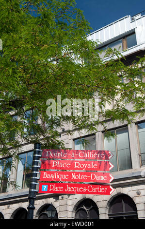 Segnaletica direzionale rivolta verso i centri di interesse nella vecchia Montreal, provincia del Québec in Canada. Foto Stock