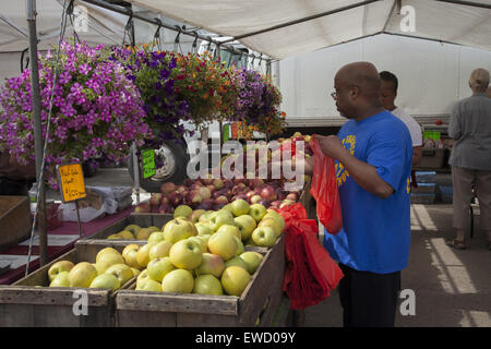 Il marito e la moglie shop presso il Grand Army Plaza Farmers Market a Park Slope, Brooklyn, New York. Foto Stock