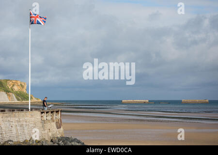 Un uomo solitario con la fotocamera durante la lettura di una scheda di informazioni al di sopra di Arromanches Beach, in Normandia, Francia, con Unione battenti bandiera Foto Stock