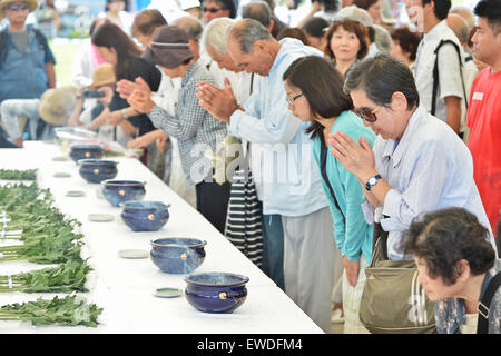 Okinawa. Il 23 giugno, 2015. Battaglia di Okinawa, 23 giugno 2015, Itoman, Okinawa, in Giappone : i fedeli a pregare per le vittime di fronte al monumento fondamento della pace della sanguinosa battaglia di Okinawa presso il Parco del Memoriale della Pace nel Itoman, Okinawa, in Giappone il 23 giugno 2015. © AFLO/Alamy Live News Foto Stock